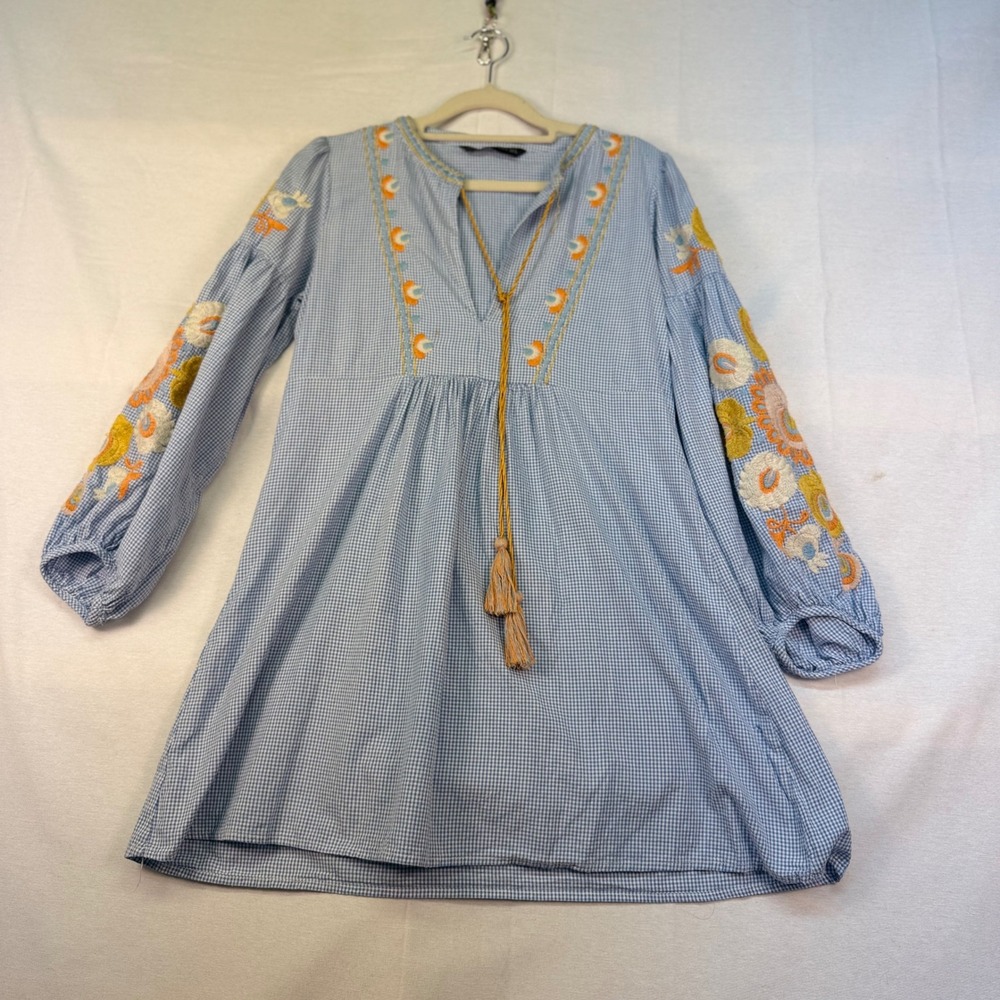 Zara Woman Blue Gingham Embroidered Floral Tassel Mini Dress Medium Boho